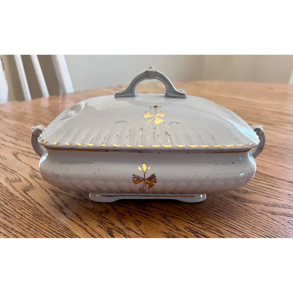 Powell & Bishop Ironstone China Antique Tureen Gold Gilt Clover White England